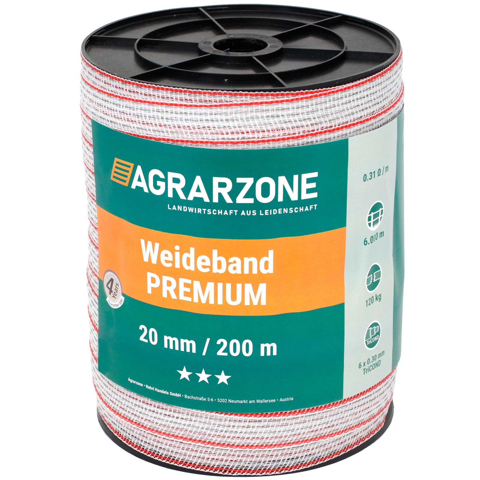 Agrarzone Weidezaunband Premium 0.30 TriCOND, weiß-rot 200 m x 20 mm
